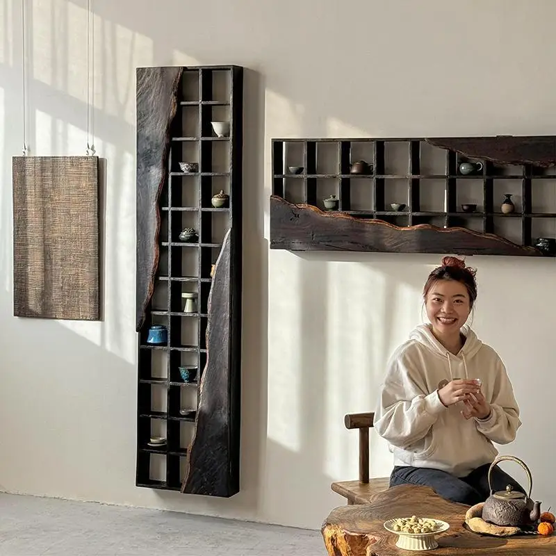 CX wabi-sabi wind, solid wood teacup holder, Chinese-style Duobao pavilion wall-mounted storage, antique shelf