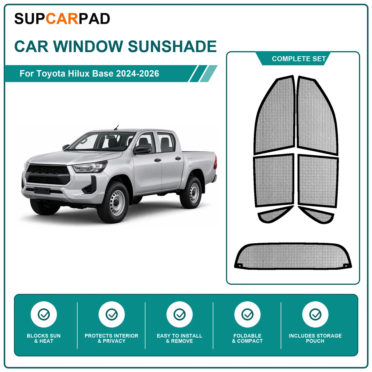 For Toyota Hilux Base 2024-2026 Full Set Car Window Sunshades UV Block Privacy Heat Insulated Foldable Car Curtain