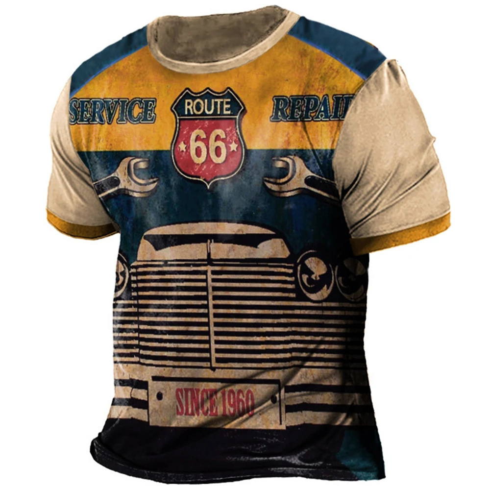 Summer Vintage T-Shirt Men Print 3D American Route 66 T Shirt Short Sleeve Tee Tops Oversized Shirt Loose Male Clothing
