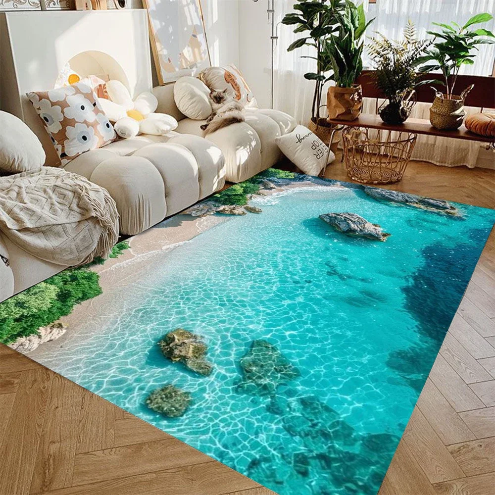 Summer Beach-themed Printed Carpet 2D Marine Element Living Room Carpet Slip-resistant Mat for Bedroom Area Home Decoration