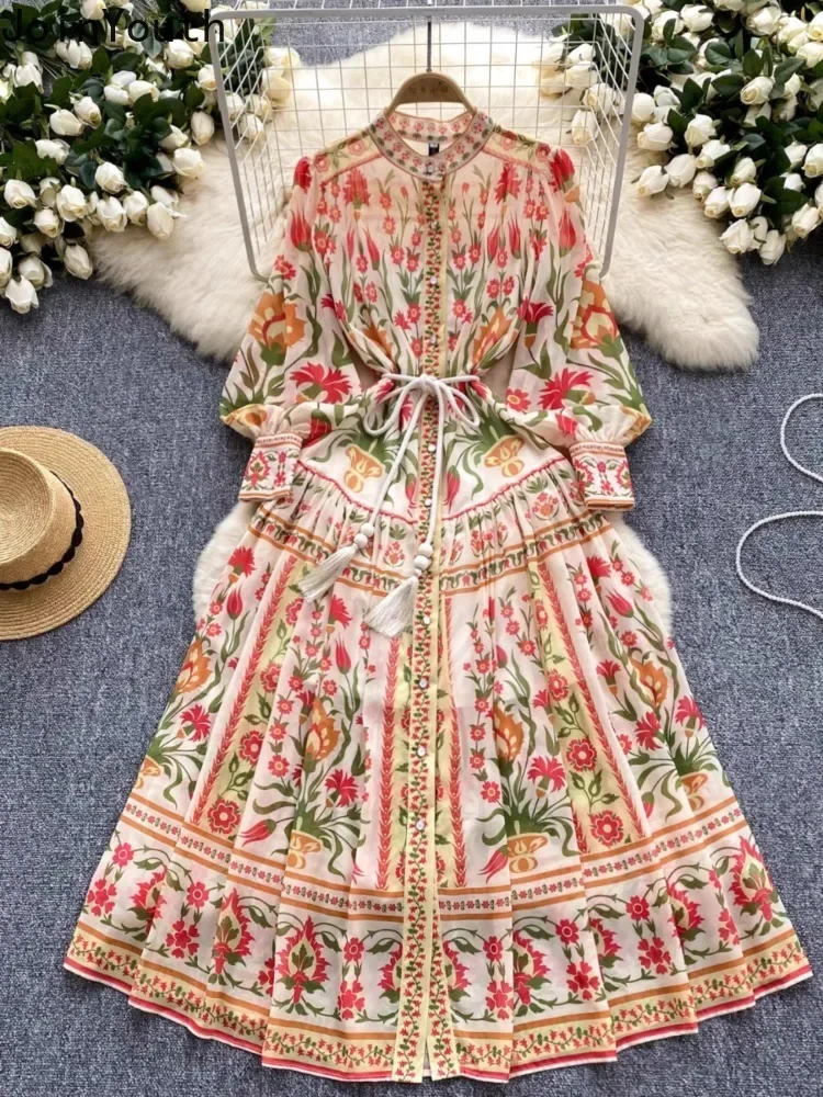 O-neck Lantern Sleeve Woman Dress 2024 Vestidos De Mujer Single Breasted Floral Big Swing Maxi Dresses Korean Summer Robe Femme