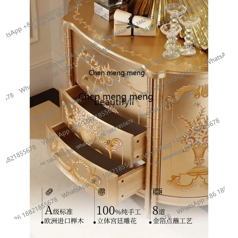 cn8617 ss French Entry Lux Solid Wood Hand-Painted Chest of Drawers European Style Champagne Silver Foil Entrance Cabinet