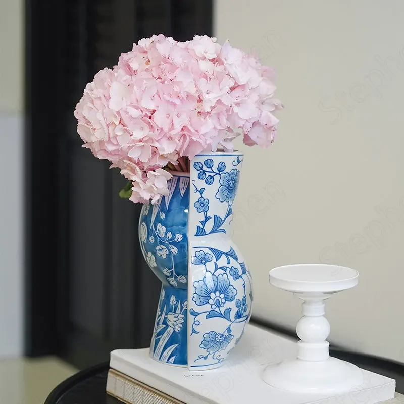 

Creative Blue and White Porcelain Vase Pastoral Modern Living Room Decoration Flower Vases Two-sided Plant Pots Decorative