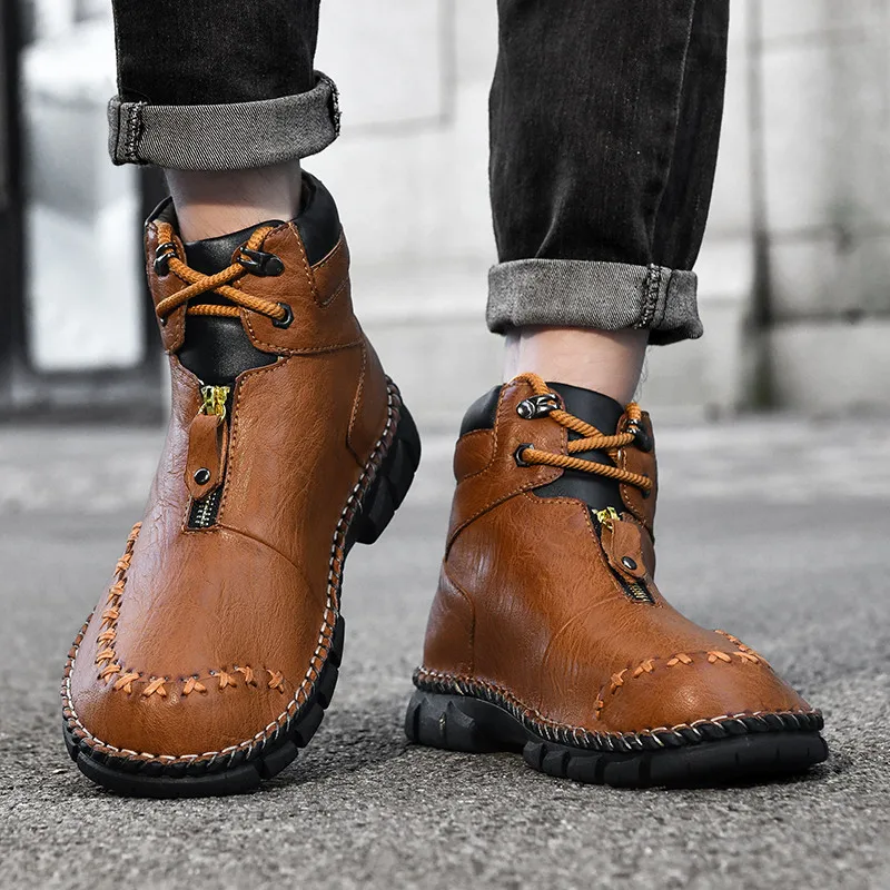 

Осенне-зимняя кожаная повседневная обувь для мужчин, большие размеры 48, коричневые мужские рабочие ботинки в стиле ретро, нескользящие уличные ботинки для мужчин, chaussure hommes