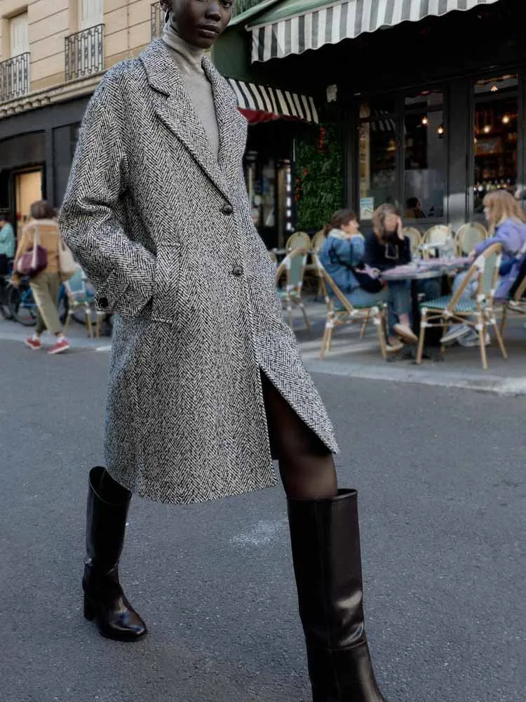 

European and American style winter new arrivals fashionable and simple women's clothing herringbone mid-length coat.