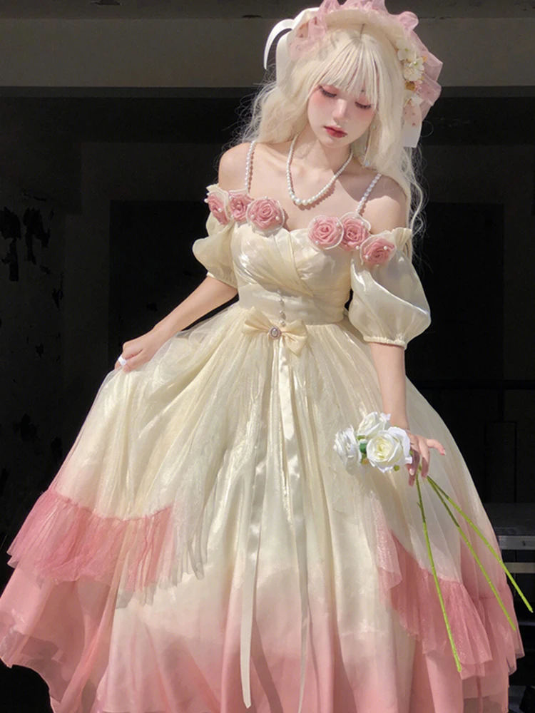 

Plus Size Ele adient Pink Rose Lolita Dr Fairy Princ Skirt High Waist Bubble Sve Chiffon Wedding Dr Sweet Sle Zippe...
