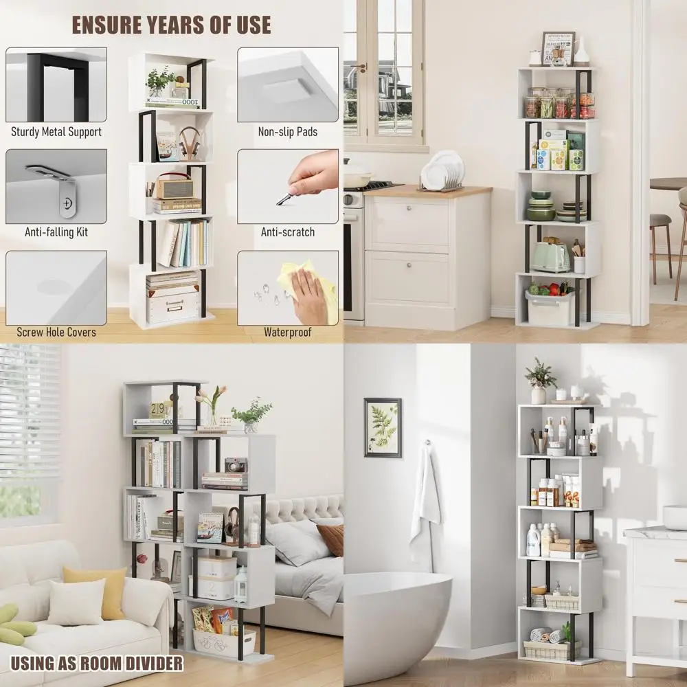 

Contemporary 5-Tier S-Curved Wooden Bookcase, Space-Saving Storage Shelves for Home and Office, White