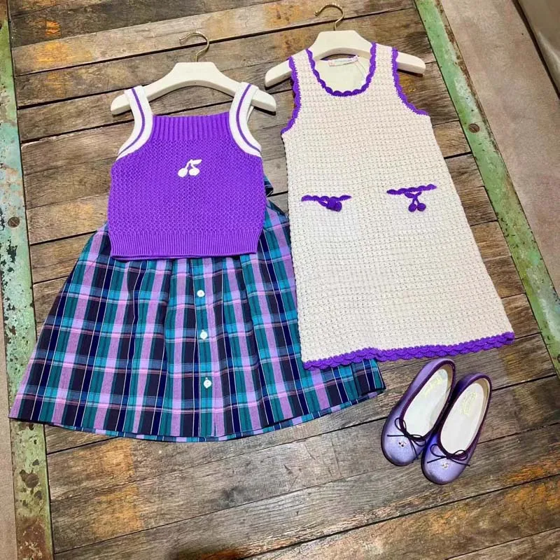 2026 BP Spring and Summer Girls Purple Camisole Knitted Vest Kids Sweaters for Girls Cherry Children's Clothing Mother & Kids