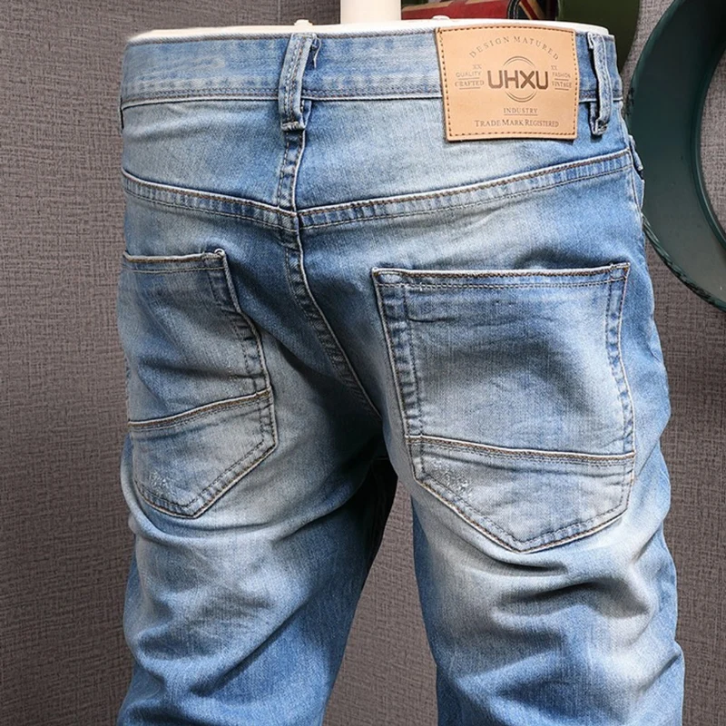 Fashion Designer Men Jeans Retro Blue Elastic Slim Fit Ripped Jeans Men Vintage Casual Trousers Korean Style Denim Pants Hombre