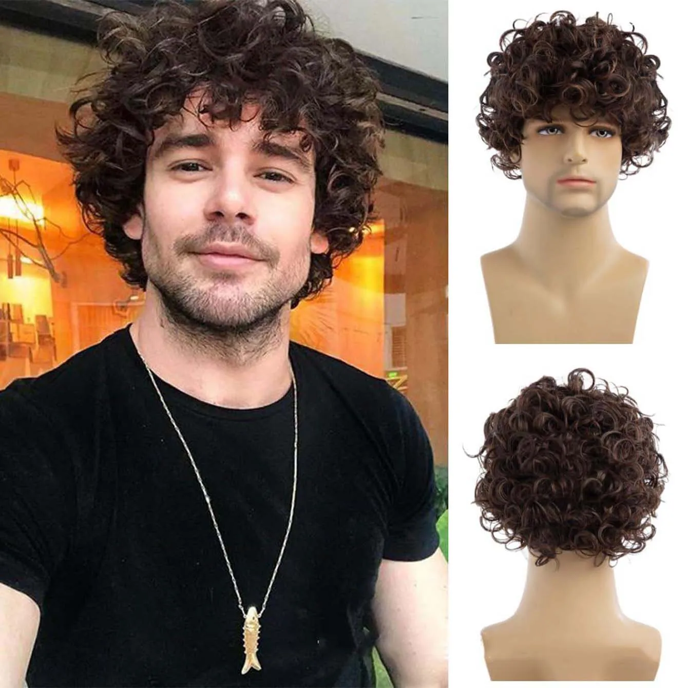 

Synthetic Short Curly Brown Wigs with Bangs For Men Cosplay Daily Party Heat Resistant Fake Hair