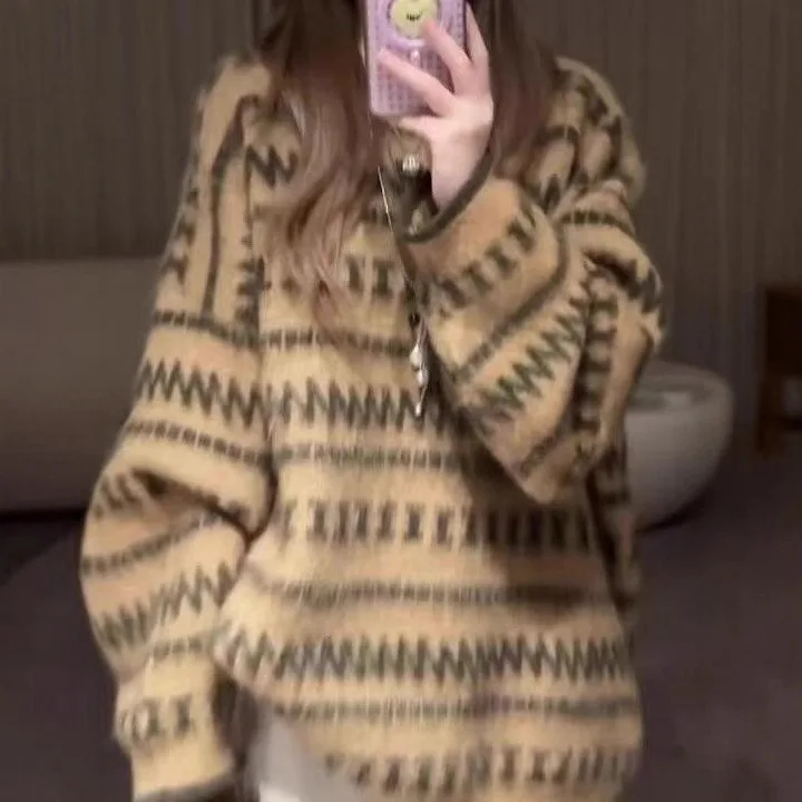 

Вязаный свитер в стиле ретро, женский свободный модный круглый пушистый трикотаж Ne Long Sve Floing, топ на осень-зиму