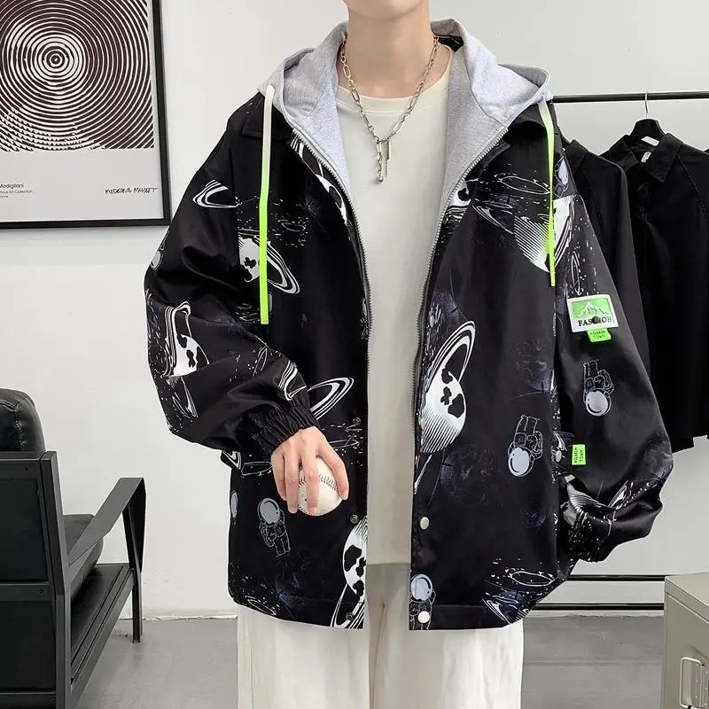 

Spring and Autumn American Style Fake Two Loose Tide Brand Men Jacket Korean Version Hooded Printing Comfortable Breathable Wild
