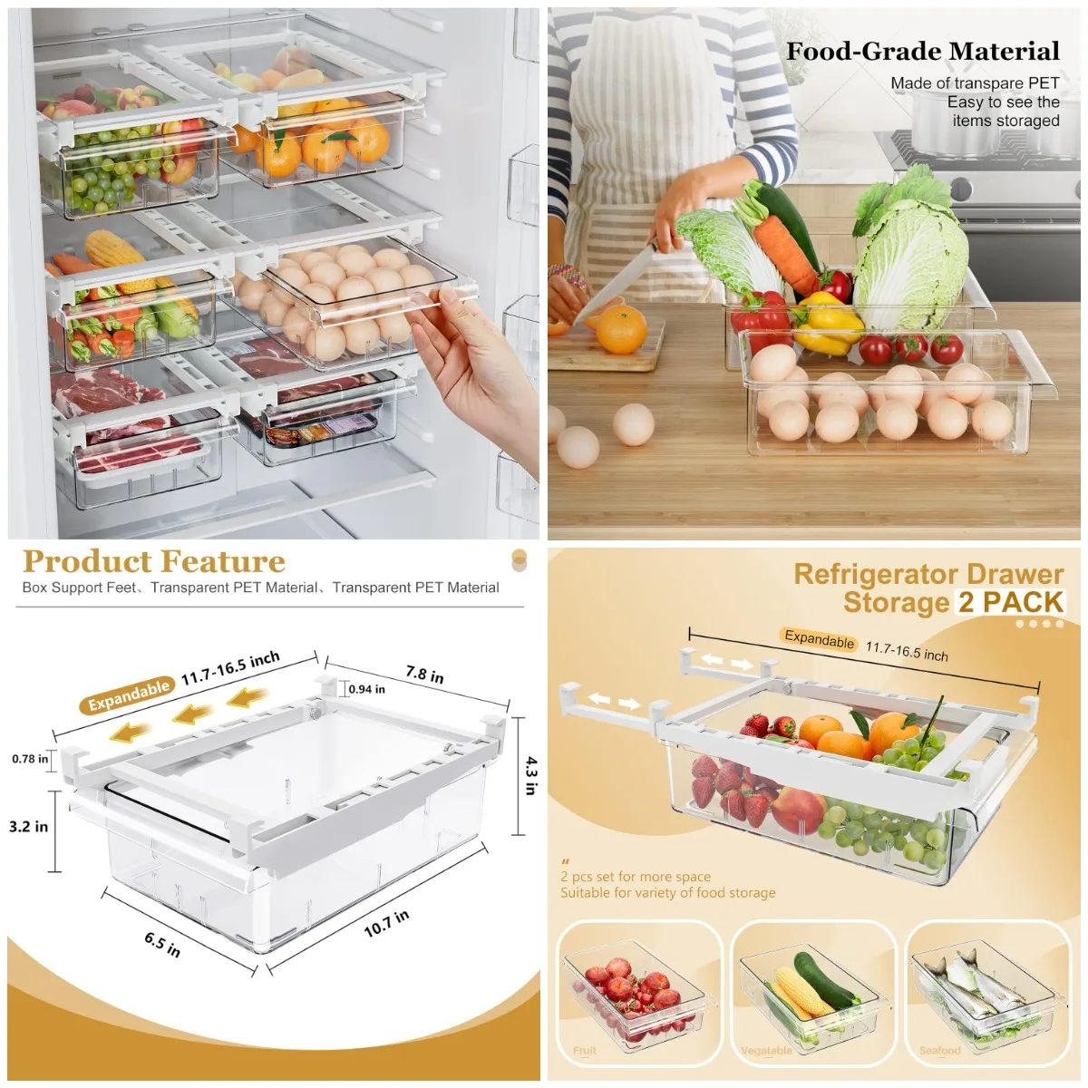 

Органайзер для ящиков в холодильнике, прозрачная выдвижная полка для хранения яиц, фруктов, овощей, морепродуктов и мяса – подходит всем