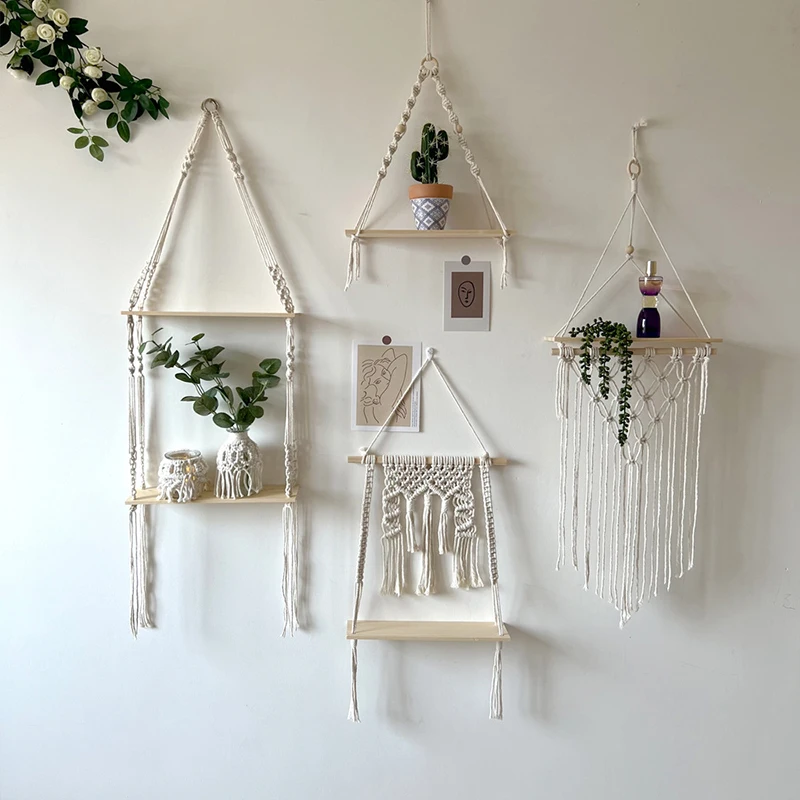 Tapestry Storage Rack Wall Hanging Shelf Tassel Wood Decor Woven Wall Hanging Board Shelves Home Bedroom Living Room Cake Stand