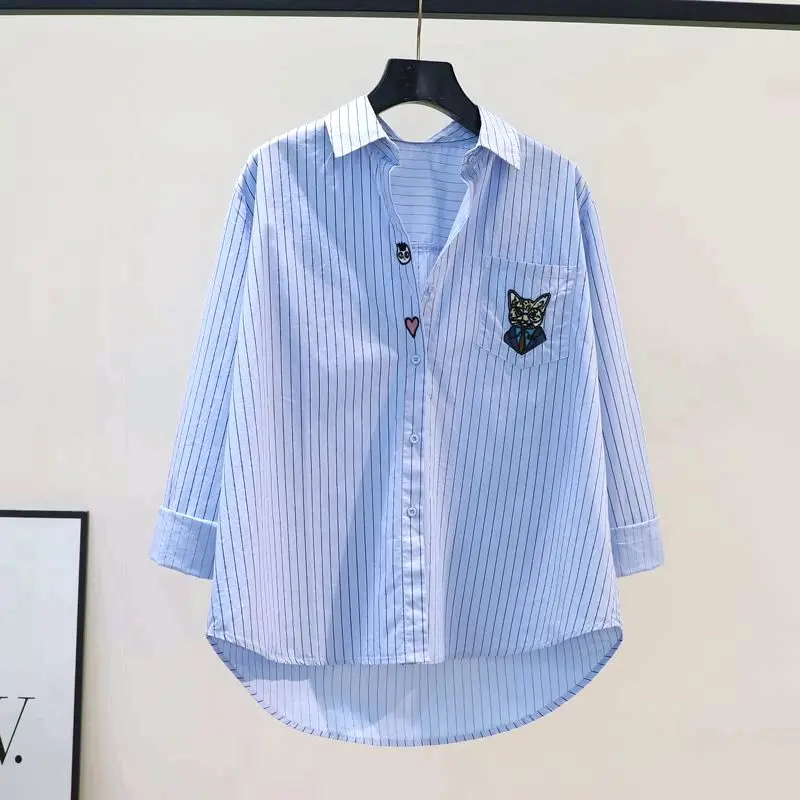 

Cat embroidered blue striped shirt women's long-sleeved loose cotton shirt spring and autumn versatile cardigan layering top