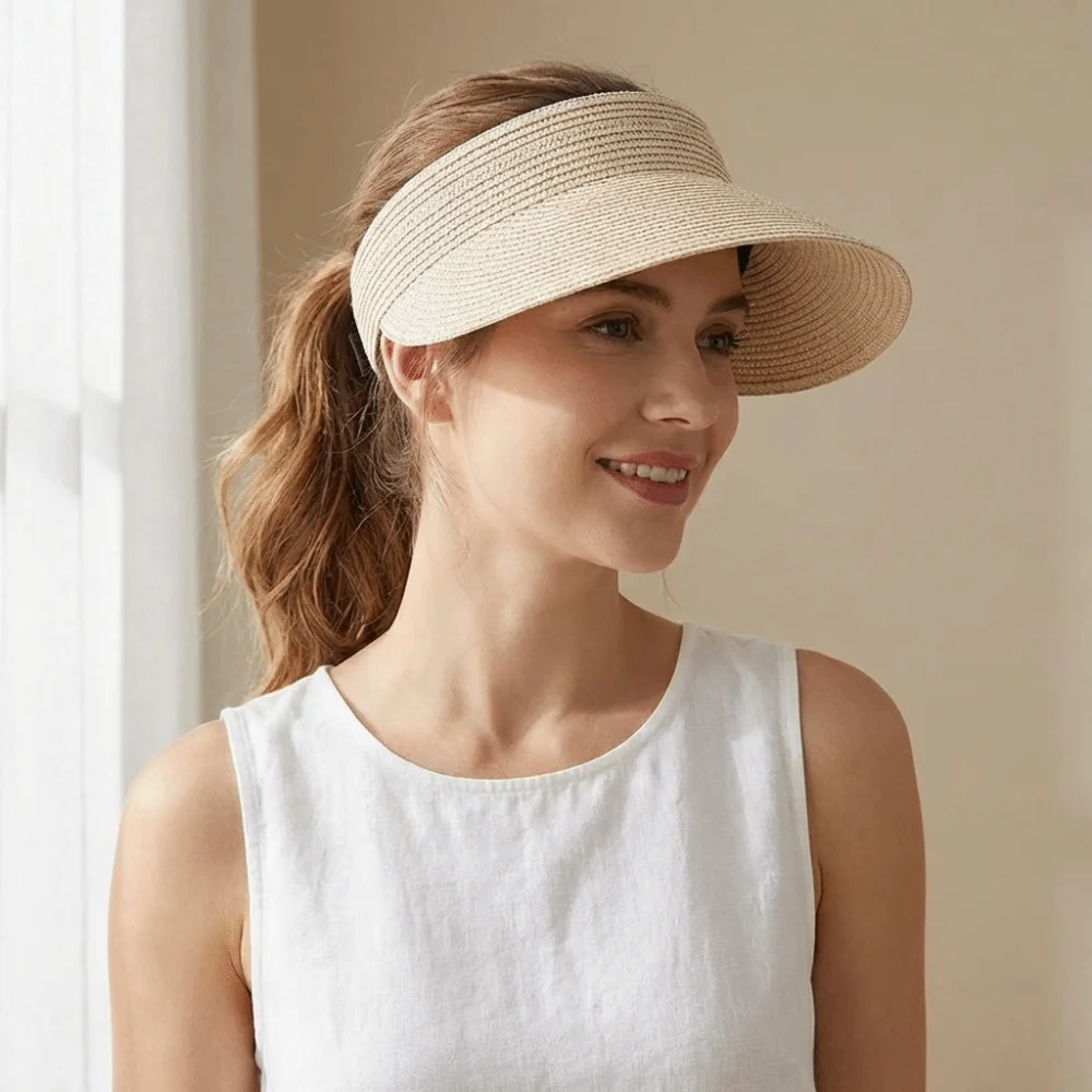 Fashion Solid Color Straw Sun Cap Adjustable Breathable Summer Visors Hat Ponytail Cap Empty Top Hat Wide Brim Beach Hat Beach