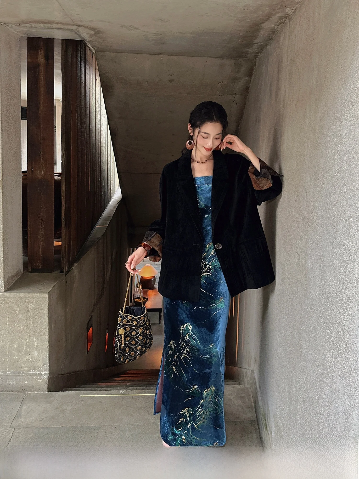 

Sanji Bla Flower New Chinese Sle Velvet Creased Suit Jaet Women's 2025 New National Sle Upper Body Faionable Casual