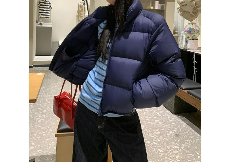 

Короткая хлопковая куртка с воротником-стойкой для женщин, зима 2025, новый дизайн, синяя куртка-пуховик, пальто