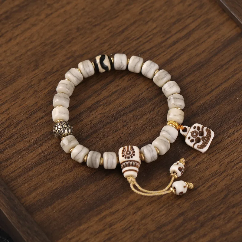 Tibetan-style Yak Bone Barrel Bead Bracelet, Single Strand, Ethnic StyleDIYNatural Stone Bead Vintage Bracelet Jewelry