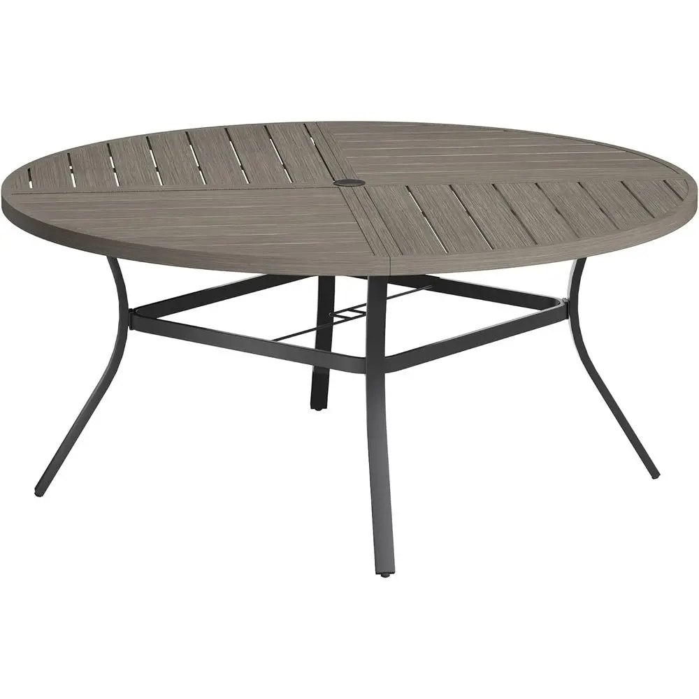 

All-Weather Metal Patio Dining Table with Adjustable Umbrella Hole, 59.8 Grey Wood-Like Outdoor Coffee Table