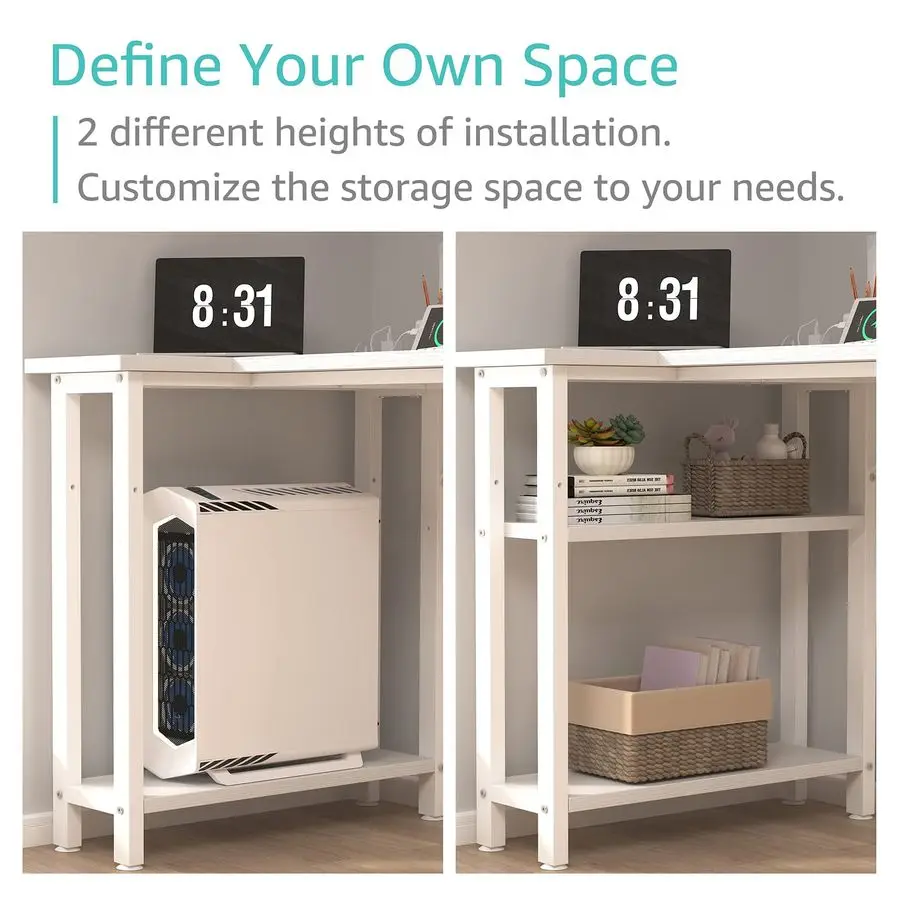 White L Shaped Computer Desk with Power Outlet Shelves, 40 Inch Small Reversible Corner Desk for Small Space Home Office, LShape