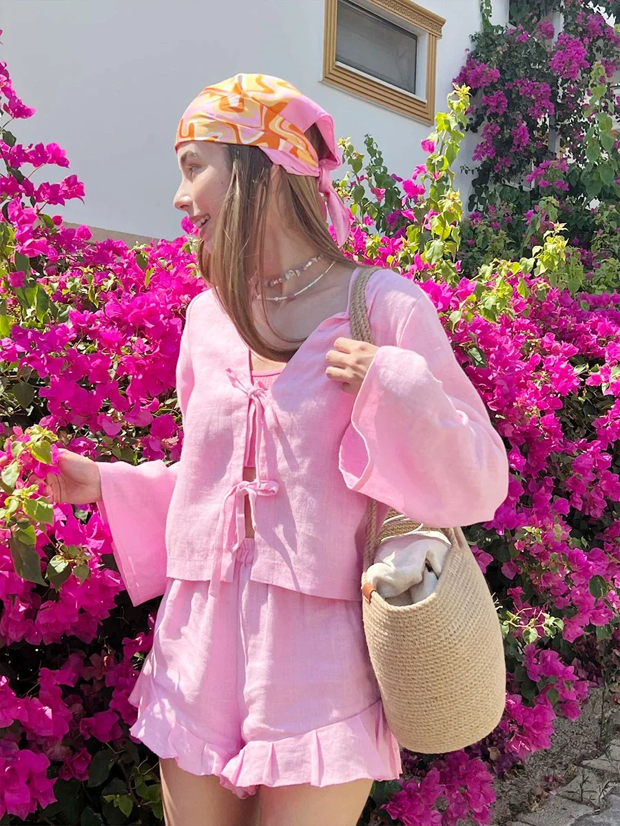 

Lace Up Long Sleeves Shorts Set Summer Womem's Solid Color Top Fashionable Loose Casual Flounce Shorts 2-Piece Set