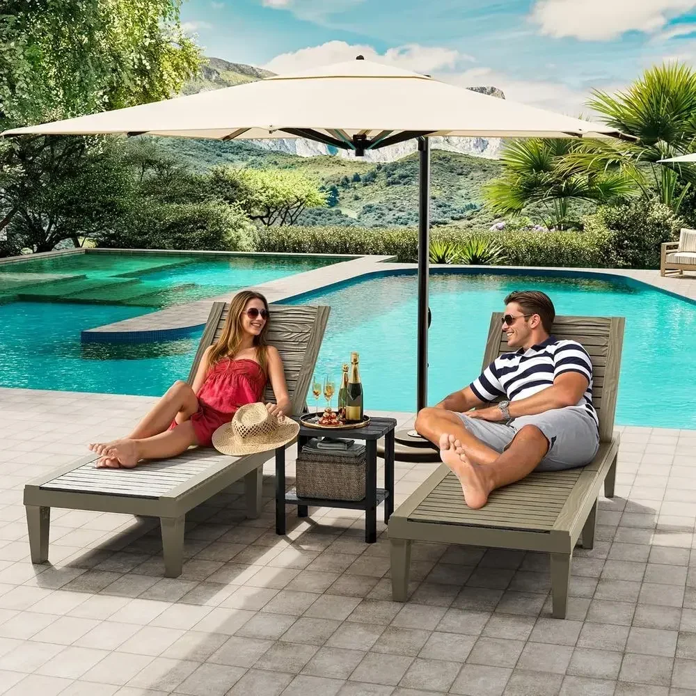 3-Piece Outdoor Lounge Set with Adjustable Chaise and Side Table, Striped Grey for Patio or Poolside