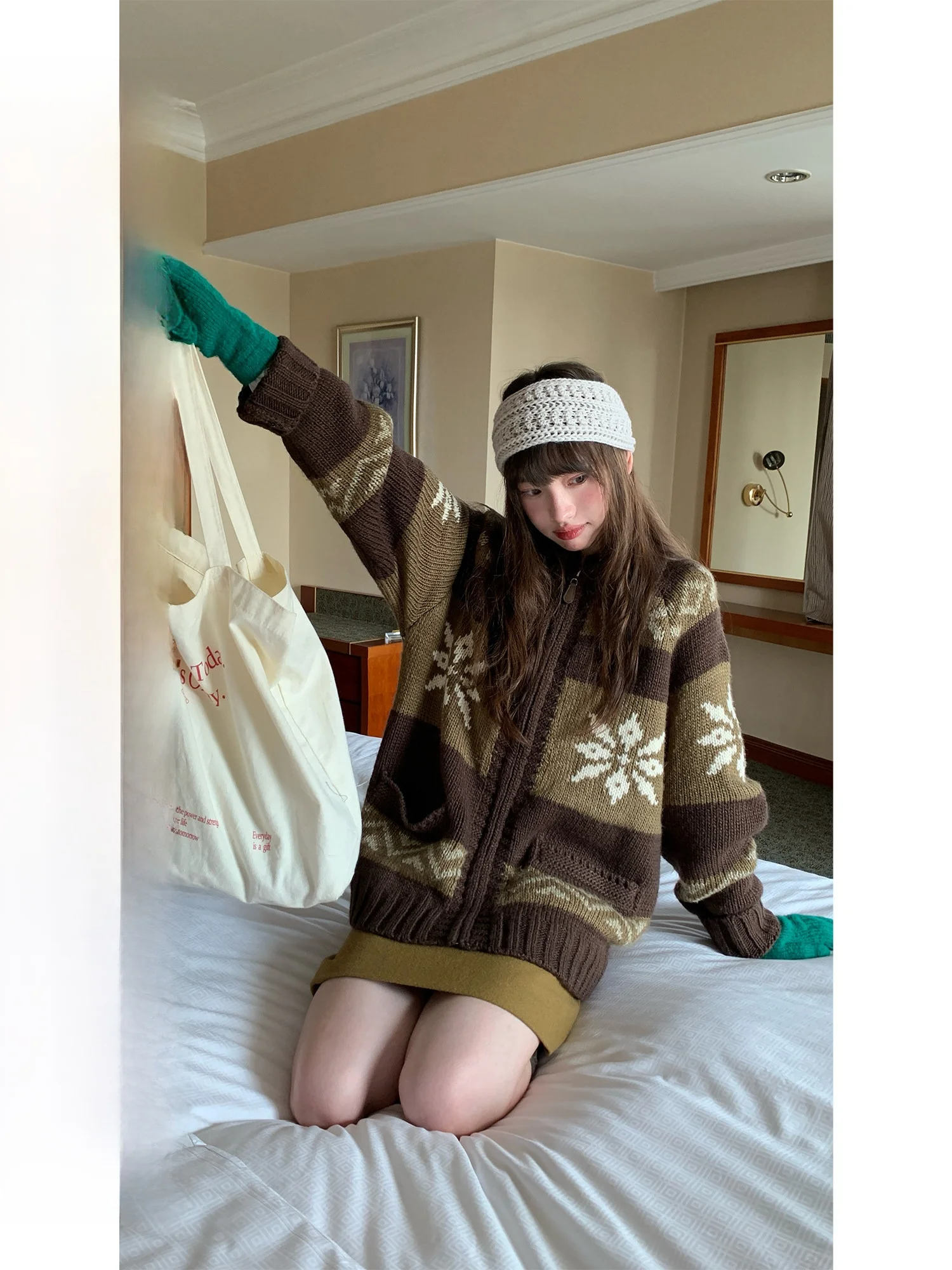 

Romantic Aosphere Snowflake Pattern Knitted Sweater Women's Zipper Open Cardigan ket Long Sve Mid-Length Coat