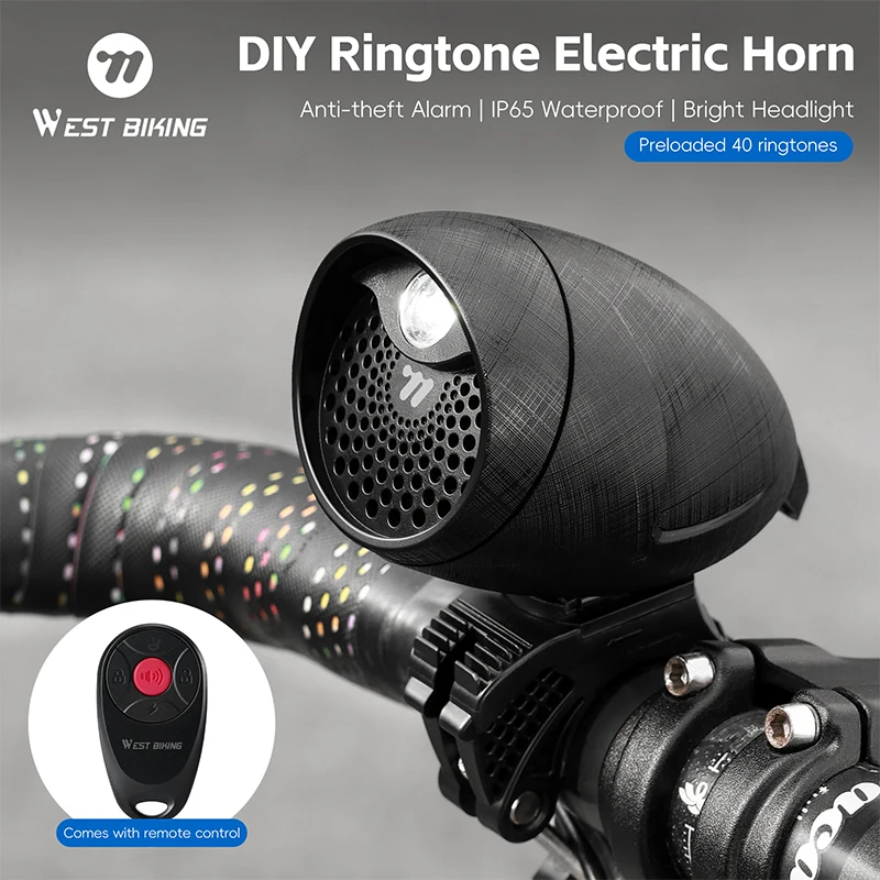 

WEST BIKING Multifunctional Bicycle Electric Horn DIY Ringtone Remote Control Alarm Bike Bell IP65 Waterproof Cycling Headlight