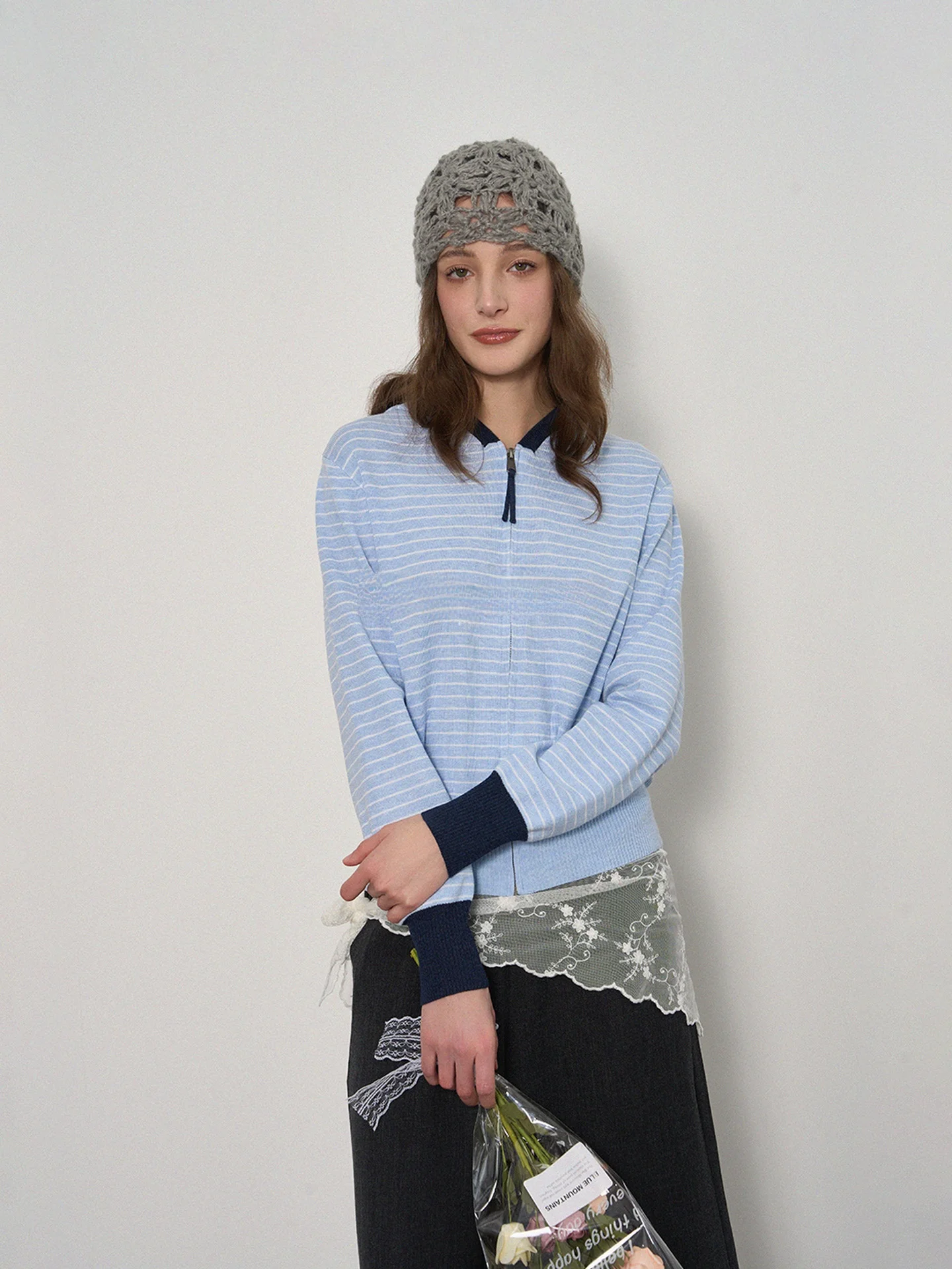 

Eylilac Vintage Striped Color Blo Hooded Knitted Long Sve Women's Top Double Zipper Slimming Versatile Polyester Blend