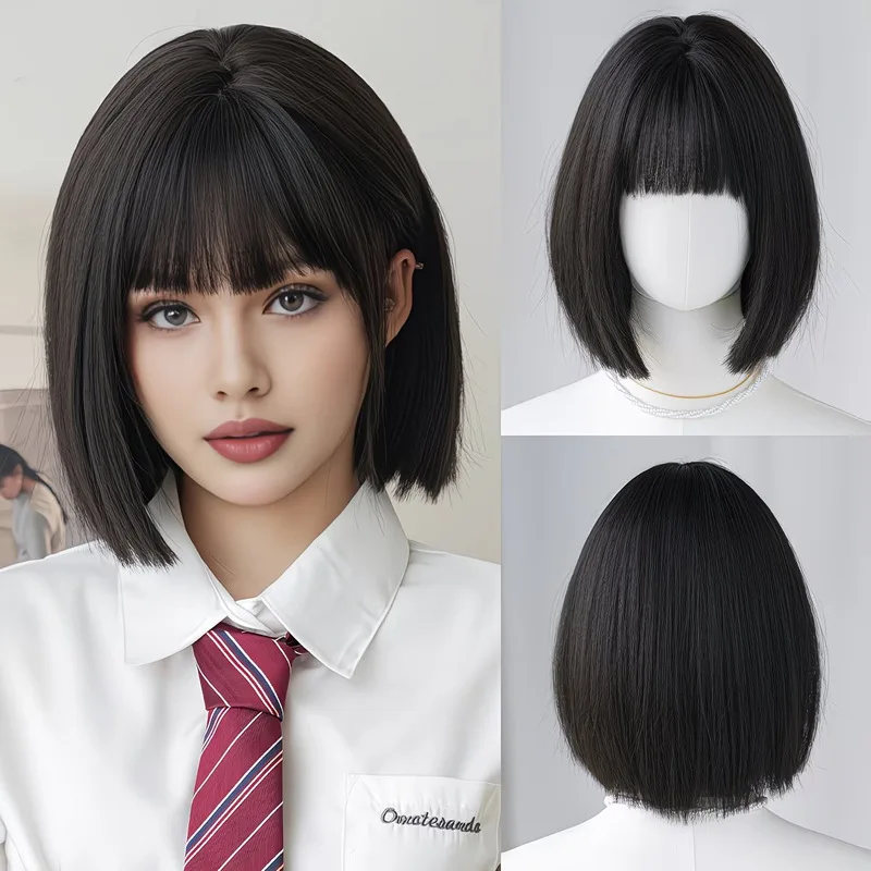 Women's short wig with bangs, bob style, refreshing straight hair, personalized full head wig, short straight hair with button n