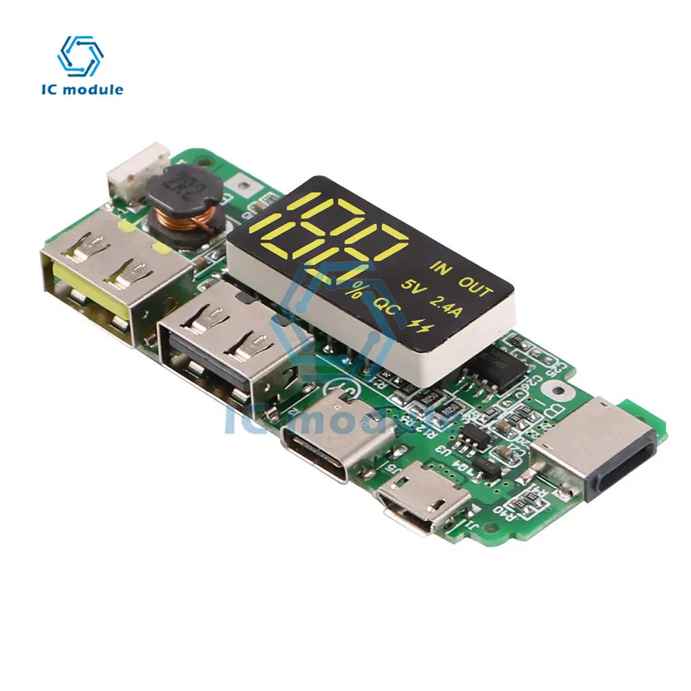 LED Dual USB 5V 2.4A Micro/Type-C/Lightning USB Mobile Power Bank 18650 Module Lithium Battery Charger Board Circuit Protection