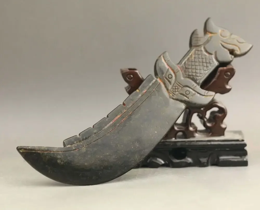 Old natural jade hand-carved statue of dragon axe sword