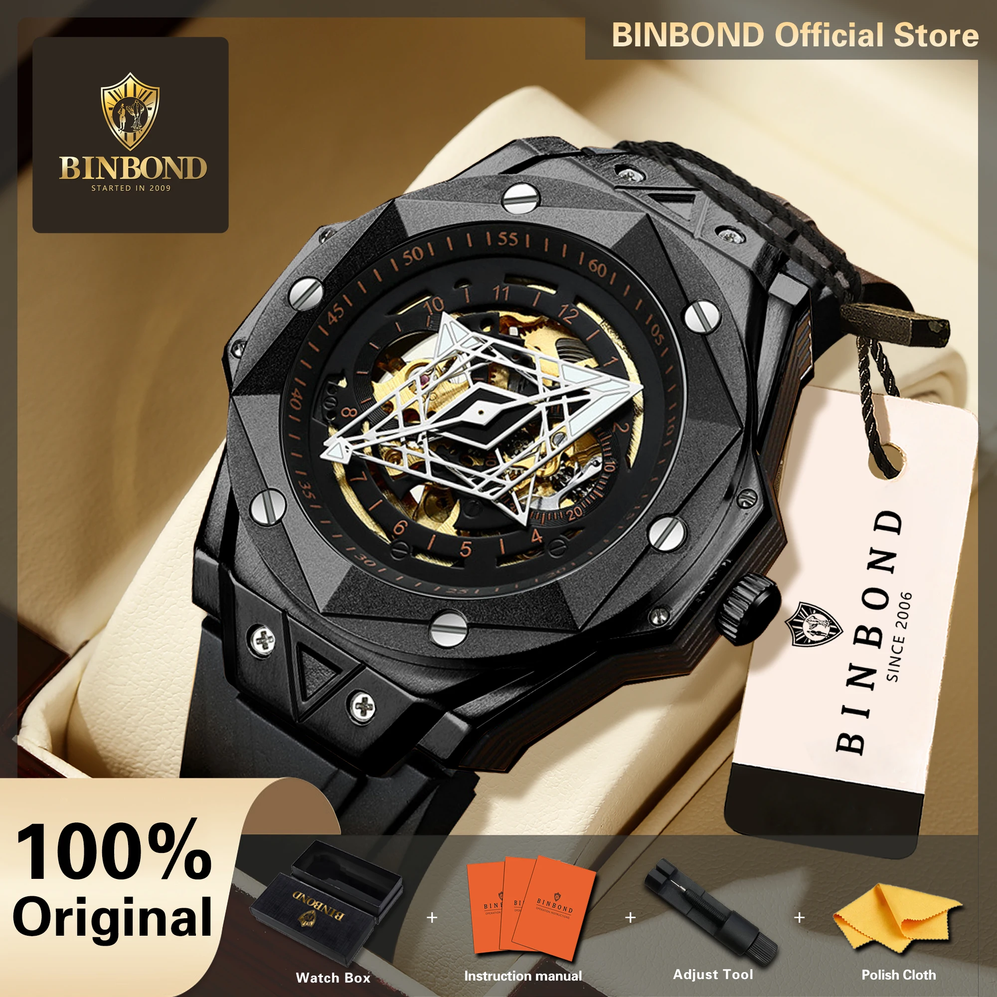 BINBOND Orginal Automatic Tourbillon Men's Watch Mechanical Wristwatches For Men Luxury Luminous Waterproof Reloj Hombre +Box
