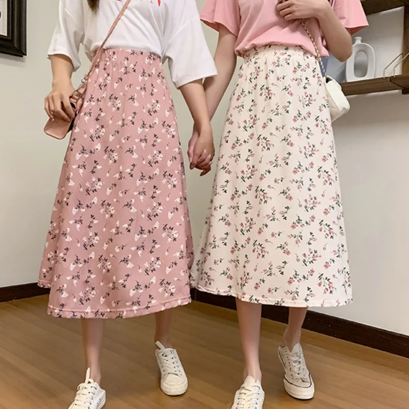 미디 하이 웨이스트 스커트 여성 하라주쿠 캐주얼 데일리 꽃 무늬 a 라인 클래식 슬림 젠틀 스위트 걸스 대학 아늑한 streetwear 여름