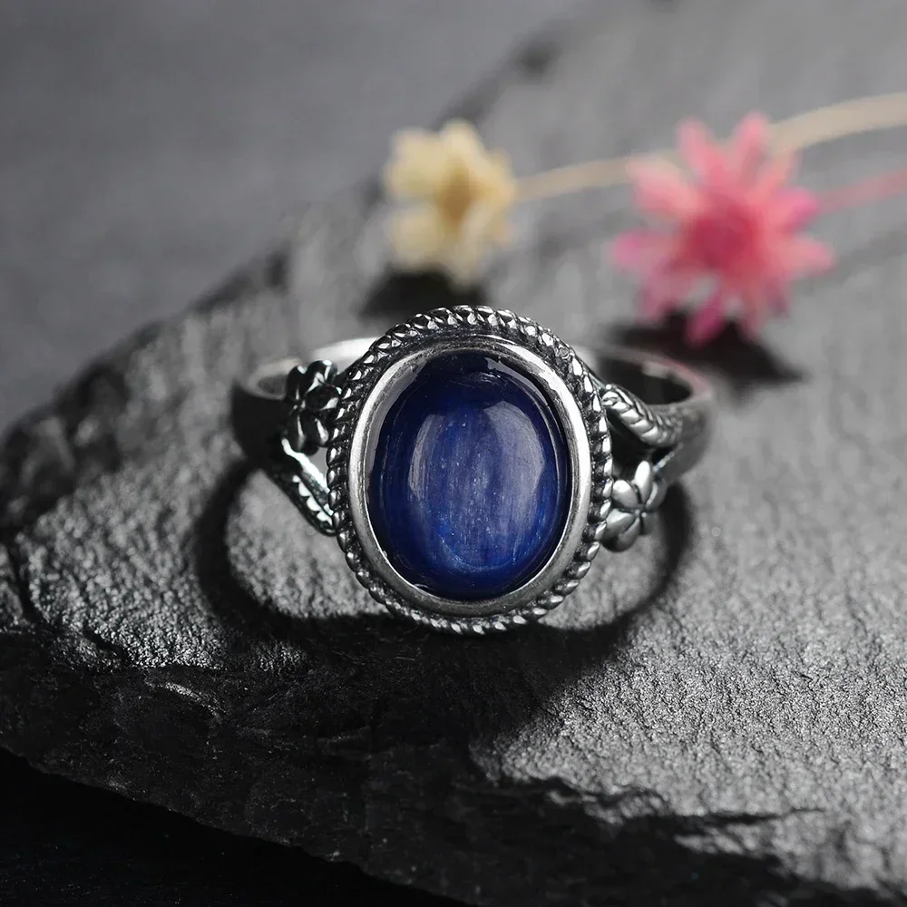 S925 Silver Natural Tiger Eye 8*10mm  Ring for Women Gift Flower Shaped Black Agate Ring Fashion Jewelry