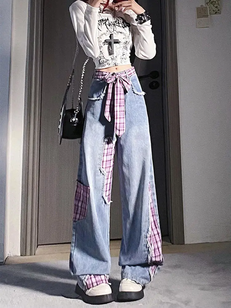 Retro preto arco cinta xadrez retalhos jeans para design feminino outono e inverno, nicho solto calças de perna larga