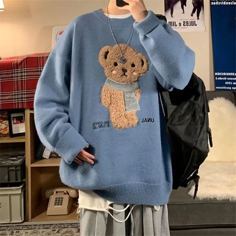 Keramo 2023 Korean Style Cartoon Bear Print Knitted Sweater Women Kawaii Harajuku Blue Long Sleeve Oversize Jumper Female Winter