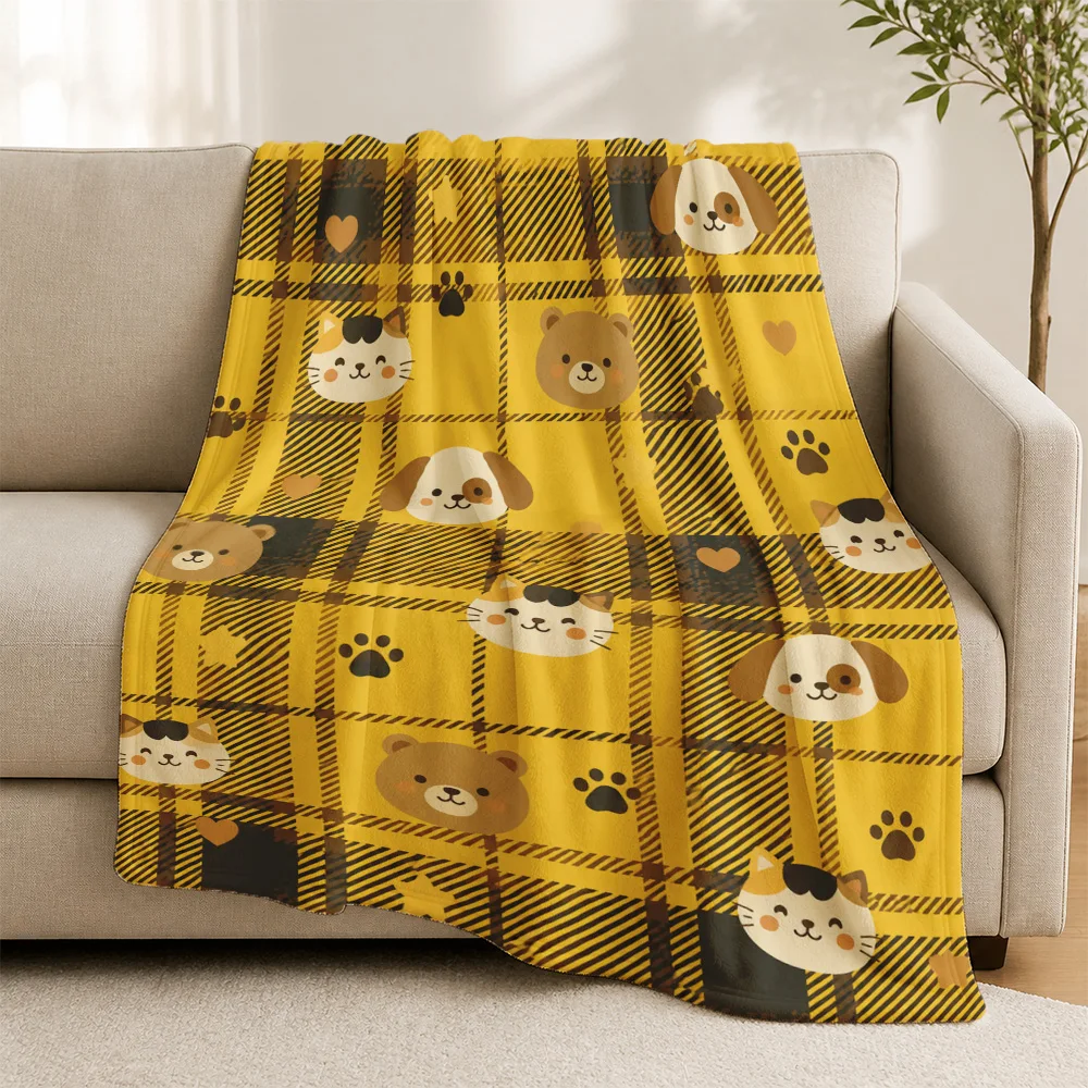 Super Soft Plaid Throw Blanket Yellow Animal Cartoon Sofa Cover Cozy Bear Cat Puppy Print Plaid Throw for Living Room Decor