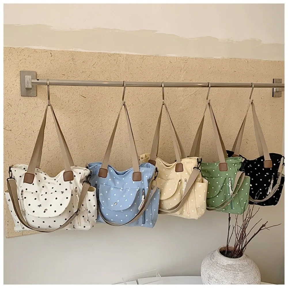 Large Capacity Women Shoulder Bag Nylon Polka Dot Print Polka Dot Tote Bag Zipper Closure Korean Style Multi Pocket Bag