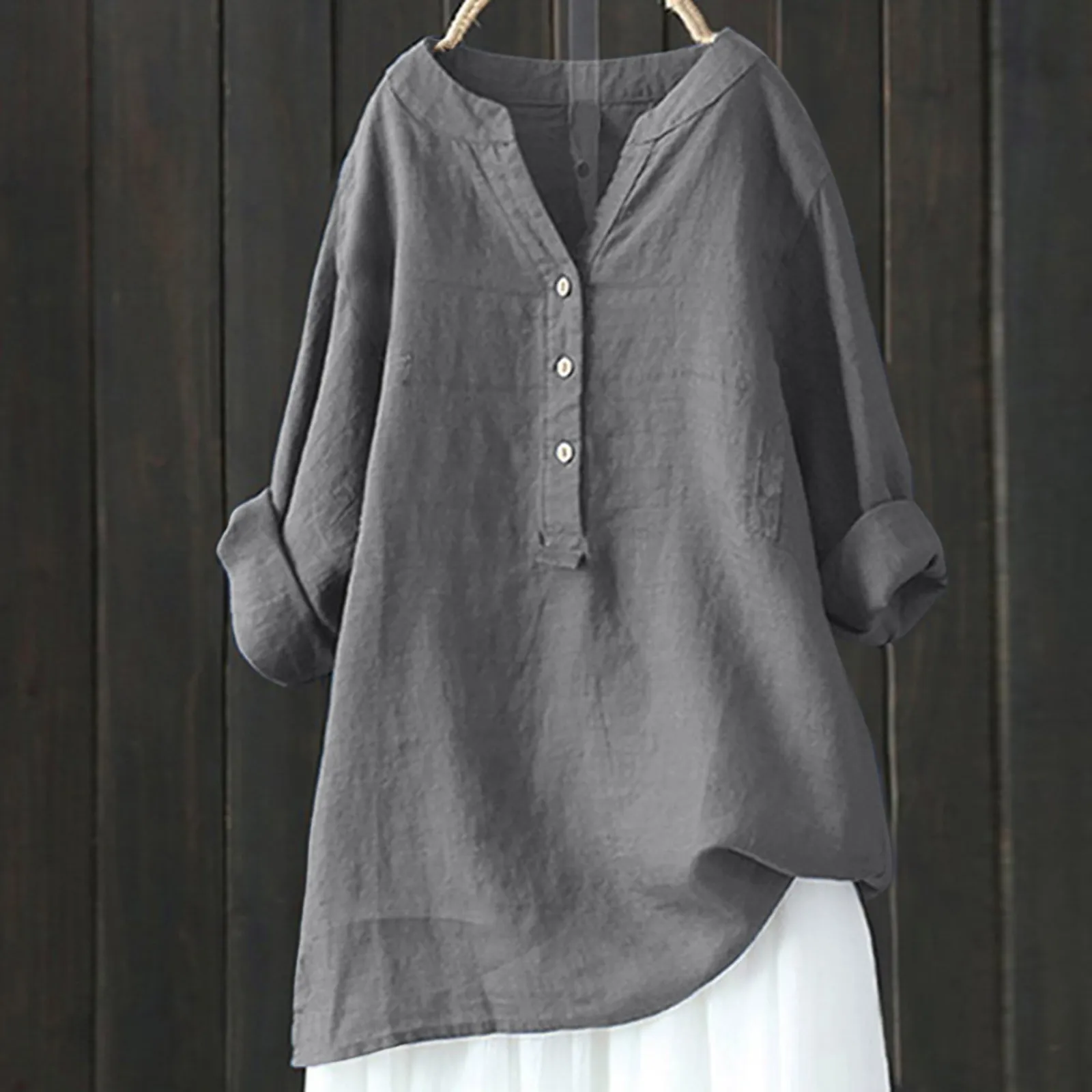 Cotton Linen Blouse Women\'s Shirt Solid Color Button V Neck Casual Loose Shirt Soft Autumn Spring Long Sleeved Baggy Tunic Tops