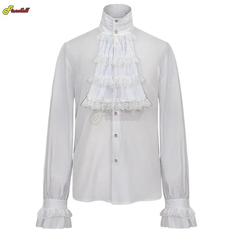 Camisas medievales de Cosplay para hombre, cuello alto, vendaje Vintage, volantes victorianos, blusa gótica de Jabot para hombre, traje informal para novio