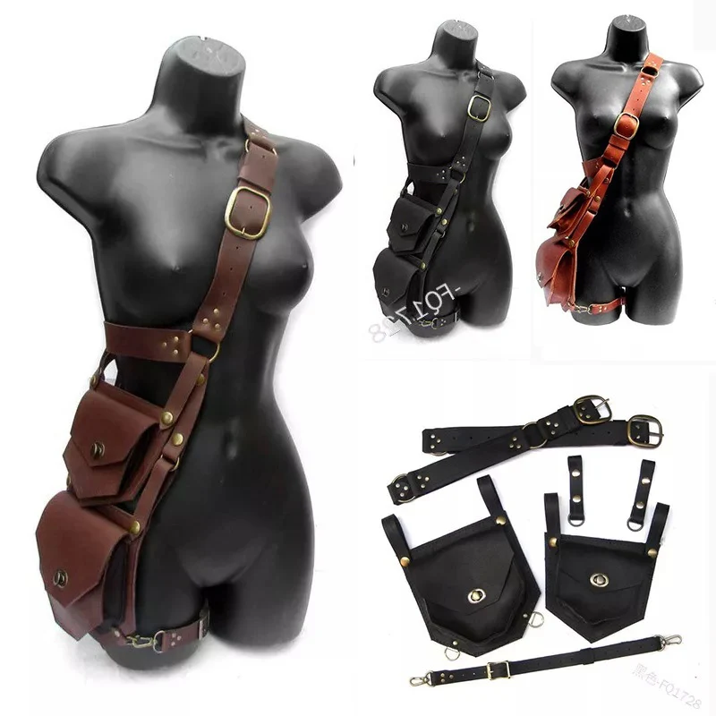 Punk Medieval Leather Shoulder Bag Vintage Double Phone Case Wallet Pocket Festival Outdoor Sports Gear Cosplay Prop Waist Pack