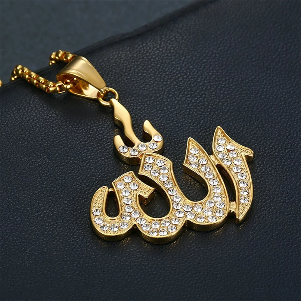 Hip Hop Iced Out Allah Pendant Necklaces Male Gold Color Stainless Steel Islamic Muslim Necklace For Men Religious Jewelry Gift