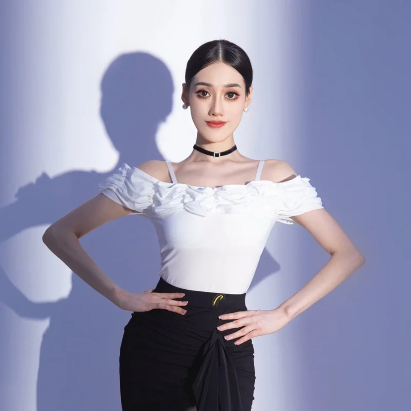 

New Latin Dance Costume Women's Practice Wear oulder Baring ort Sve White Top for Rumba Cha Cha Samba Cowboy