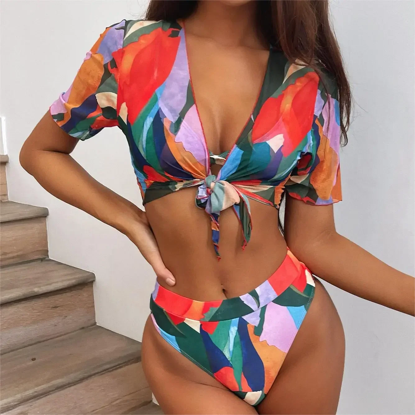 

Женское бикини с высокой талией 2024, геометрический принт, короткий рукав, цельный купальник, бразильский купальный костюм, летняя одежда для купания