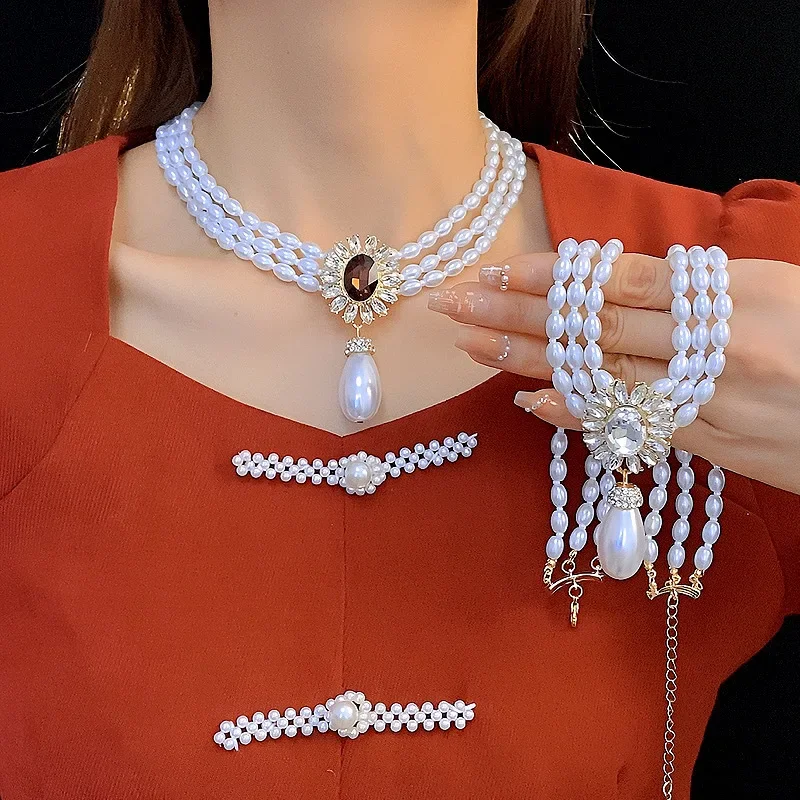 진주 목걸이 웨딩 신부 쥬얼리 꽃 상감 라인스톤 드롭 크리스탈 초커 귀걸이 목걸이 여성용