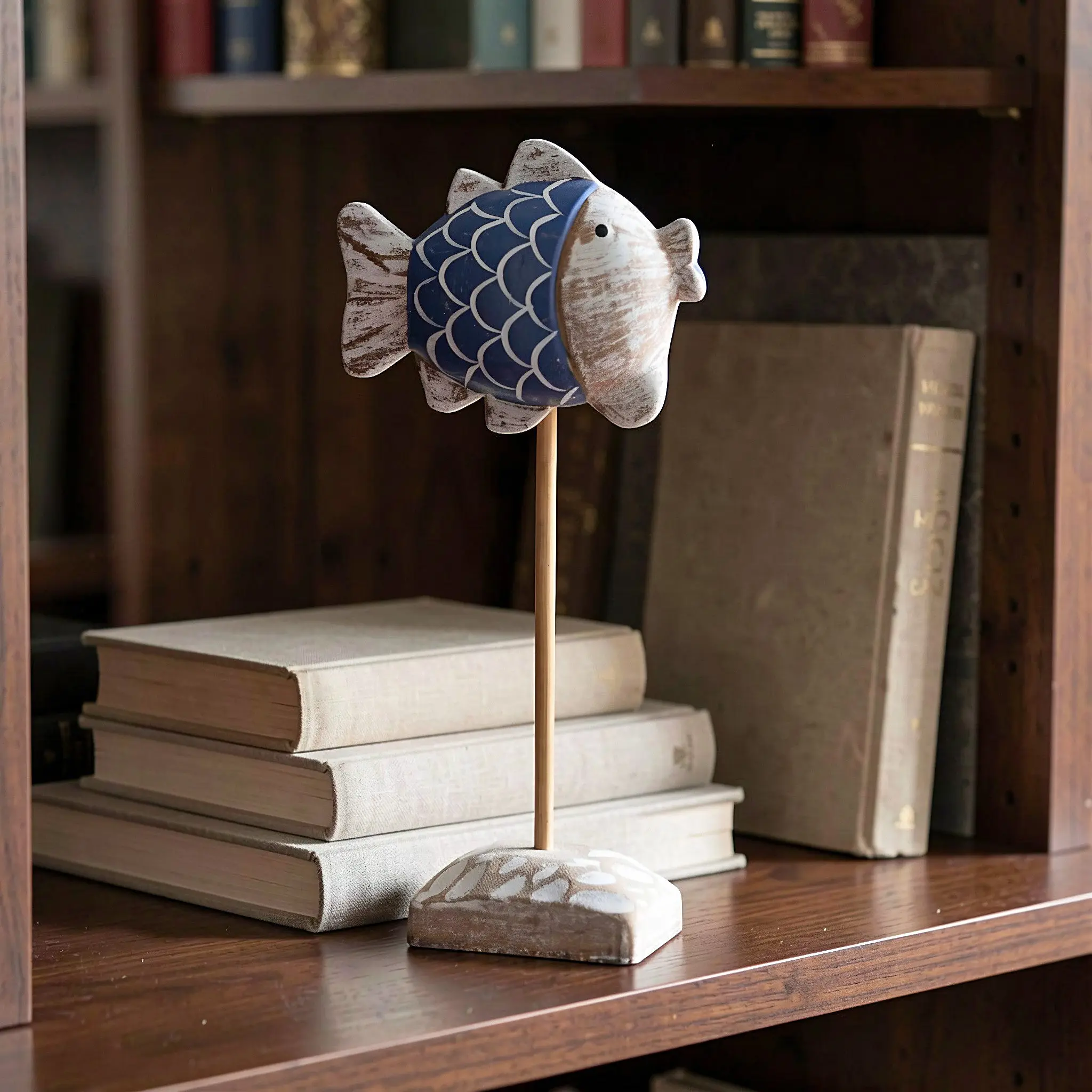 Vintage Rustic Wooden Fish Ornament Dark Blue Hand Carved Coastal Desk Shelf Decor Artistic Mediterranean Fish Sculpture Statue