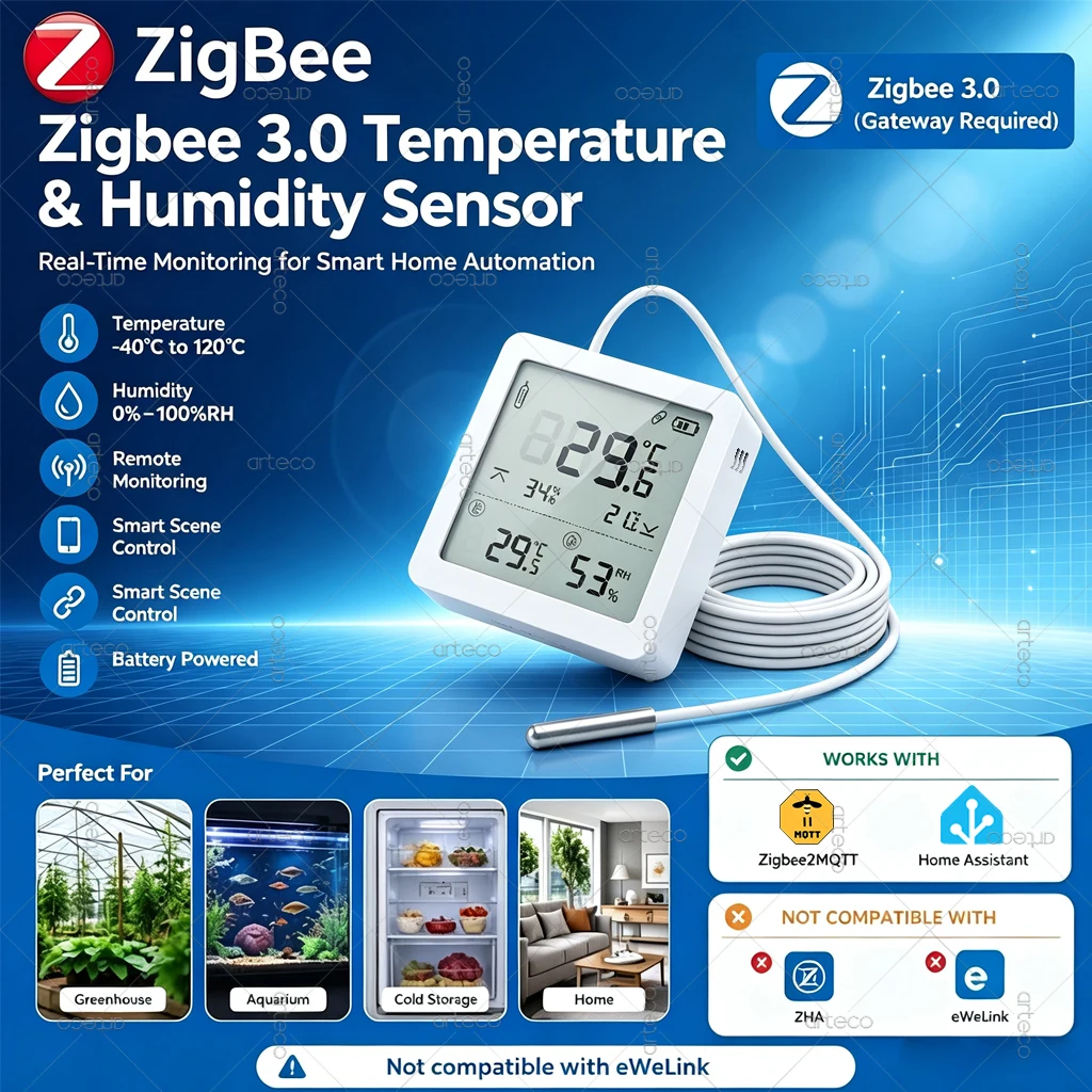 Zigbee Temperatur- und Feuchtigkeitssensor mit externer Sonde, Thermometer Z2M Smart Life TUYA APP Fernüberwachung für Aquarium und Gefrierschrank