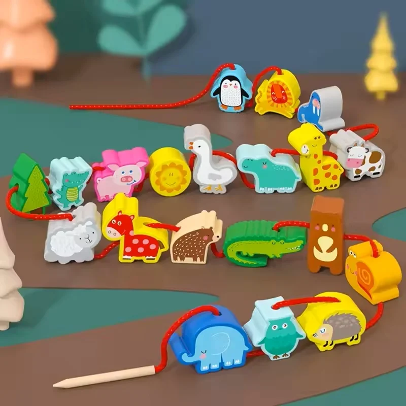 モンテッソーリ ベビー DIY 木製おもちゃ 漫画フルーツ動物 糸通し木製ビーズ 知育玩具 子供用 クリスマスギフト